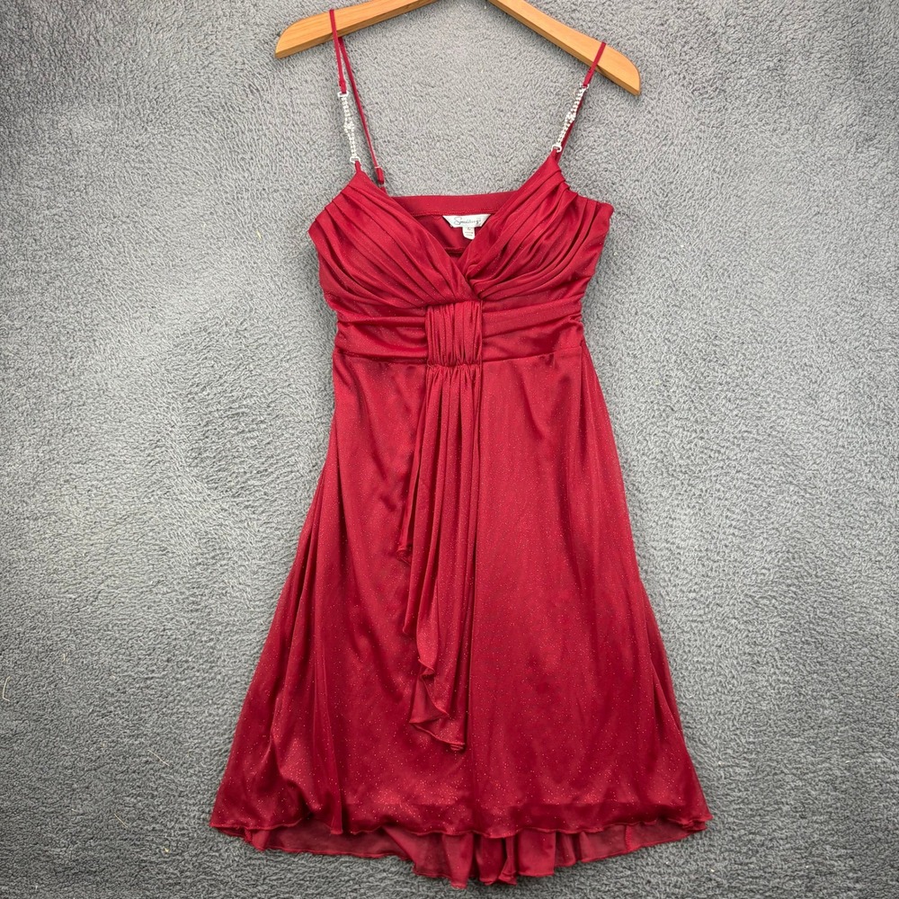 Speechless Red Glitter Ruched Cocktail Dress Rhinestone Straps Womens Large